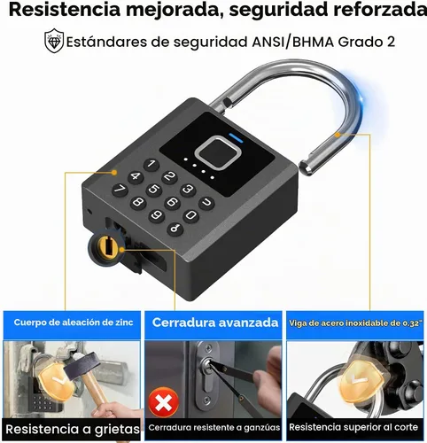 Vista 4 de Anweller Candado de huellas dactilares resistente con llave, bloqueo de almohadilla con teclado de código, resistente a la intemperie, inteligente