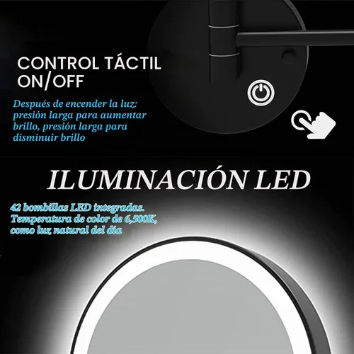 Vista 5 de Espejo de maquillaje LED con luces y aumento de 10x, espejo de tocador montado en la pared, redondo, de doble cara, con brazo extensible giratorio