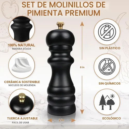 Vista 2 de Juego de 2 molinillos de sal y pimienta, molinillo de pimienta manual y molinillo de sal con rotor de cerámica ajustable y junta de acero Negro