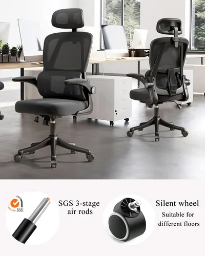 Vista 7 de Silla de oficina de malla, ergonómicas de respaldo alto con ruedas y reposacabezas ajustables, cómodos brazos abatibles para el hogar, dormitorio