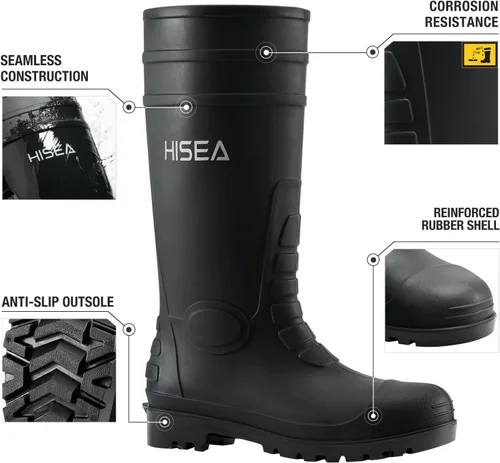 Vista 2 de HISEA Botas de lluvia para hombre con vástago de acero, calzado protector de goma impermeable, botas de lluvia de PVC sin costuras, botas de trabajo