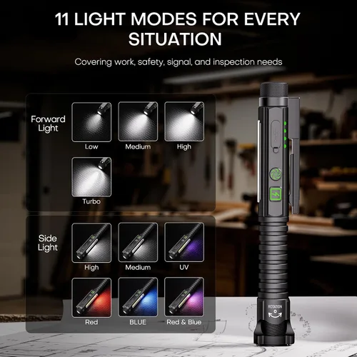 Vista 2 de Linterna EDC recargable, linterna pequeña de 800 lúmenes con clip magnético y base, linterna LED de 11 modos, rompedor de vidrio y abridor