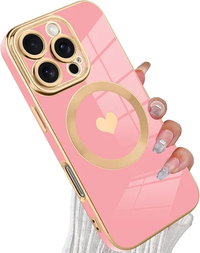 Vista 64 de tharlet Funda Magnética para iPhone 11 [Compatible con Magsafe] Lindo Corazón de Amor de Lujo Chapado Borde Dorado Parachoques con Lente de Cámara