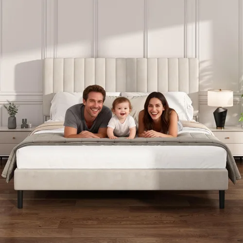Vista 7 de Base de cama de plataforma de tamaño matrimonial con cabecera capitoné de canal vertical, no necesita somier, sin ruido, fácil montaje, terciopelo