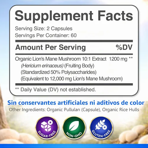 Vista 8 de Melena de león orgánica USDA 50% polisacáridos, 120ct Focus Salud