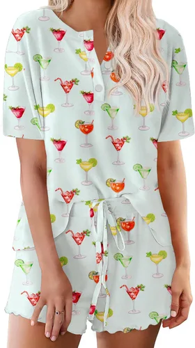 Vista 21 de Ekouaer Conjunto de pijamas teñidos con técnica tie dye para mujer, ropa de dormir, 2 piezas, conjuntos de pijamas, ropa de relajación A-tie Dye