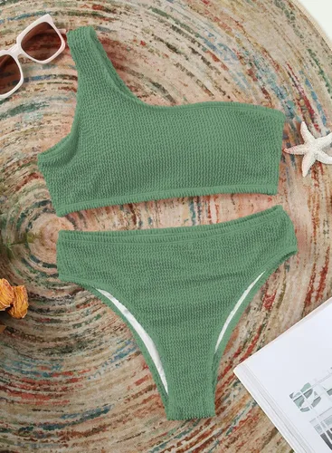 Vista 5 de Astylish Bikini de dos piezas para mujer, traje de baño con un hombro y corte alto