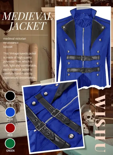 Vista 4 de WISHU Disfraz medieval steampunk victoriano de Halloween para hombre, disfraz gótico, esmoquin vintage, renacentista, chaqueta pirata