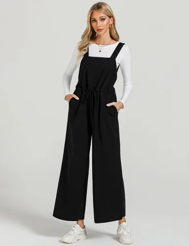 Vista 2 de luvamia Overol para mujer, ajuste holgado, de punto gofre, holgado, de pierna ancha, overol cómodo, informal, pantalón largo