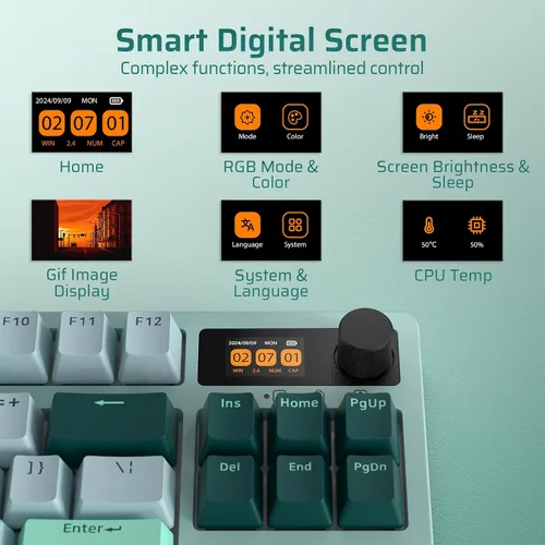 Vista 4 de LTC Nimbleback NB841 PRO - Teclado mecánico inalámbrico 75% con pantalla y perilla, 2.4 GBTUSB-C con cable RGB 84 teclas, amortiguador de 3 capas