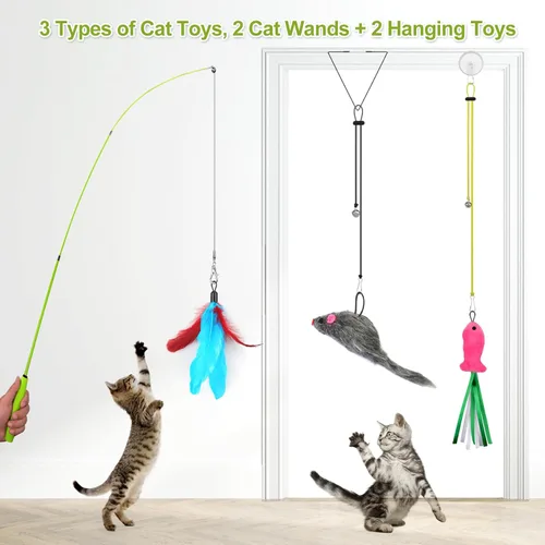 Vista 5 de ChicWow Varita Retráctil Interactiva para Gatos y Juguetes Colgantes para Gatos - 2 Varitas, 2 Colgantes, 7 Juguetes Tentadores para Gatos Adultos