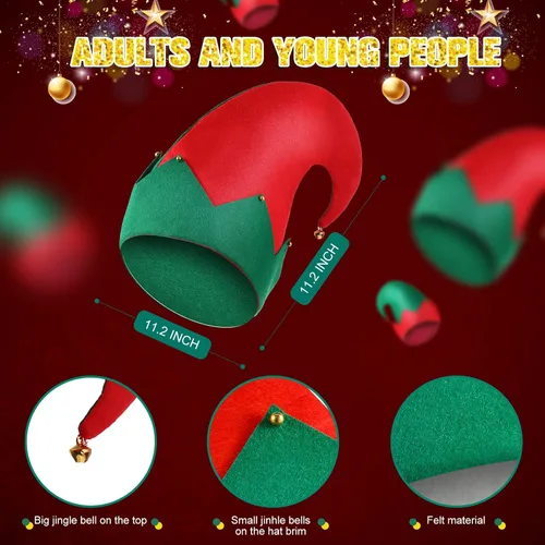 Vista 2 de Yaomiao 12 sombreros de fieltro de elfo de Navidad, sombreros de elfo verde y rojo a granel con campana, sombrero de Papá Noel para fiestas