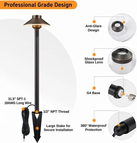 Vista 9 de Gardenreet Luces de camino de latón para exteriores, iluminación de camino de paisaje de bajo voltaje con cable, luz LED de pasarela de 12 V