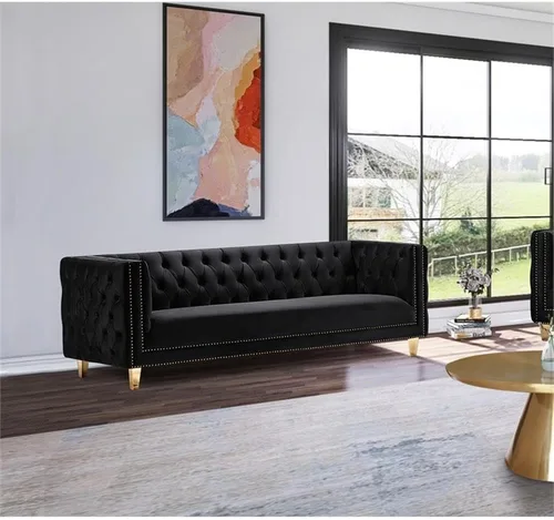 Vista 2 de Pemberly Row Sofá de terciopelo con acabado negro de galleta profunda moderna/contemporánea