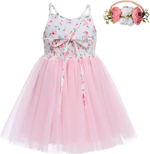 Vista 3 de Vestido de cumpleaños de 1. y 2 cumpleaños para niñas pequeñas, vestido de tutú de tul floral bohemio con diadema de flores para sesión de fotos