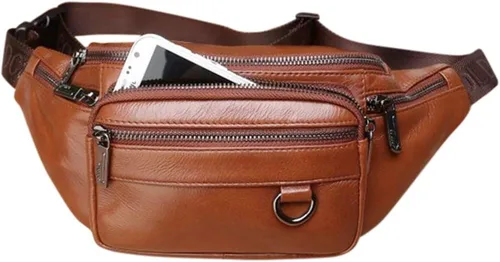 Vista 4 de Riñonera de cuero para hombre, bolsa de cintura grande para viajes, senderismo, ciclismo, motociclismo, pesca, correr, negro, marrón, café, Marrón