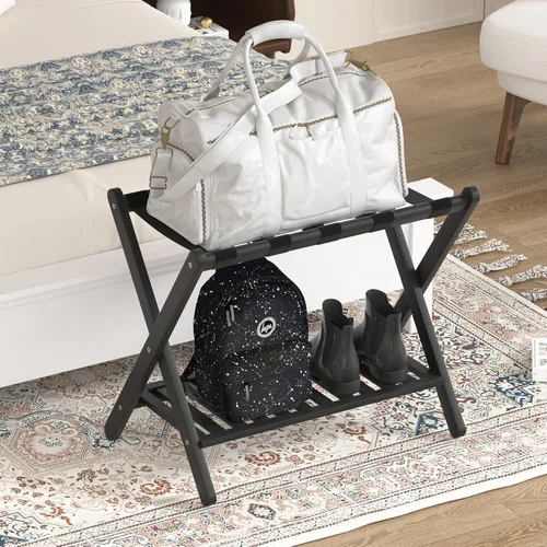 Vista 7 de Portaequipajes plegable con estante de almacenamiento para habitación de invitados Hotel Essentials de bambú sólido resistente soporte