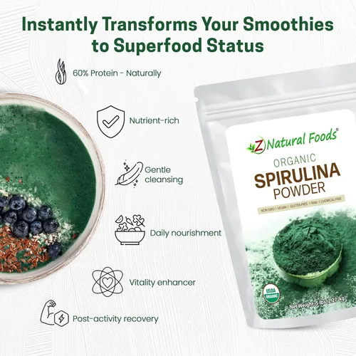 Vista 4 de Polvo orgánico de espirulina – 5 libras – Increíble superalimento de algas verdes azules – rico en aminoácidos, vitaminas y minerales – Mezcla
