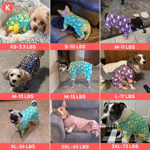 Vista 6 de KYEESE - Pijama de terciopelo para perros, con patrón de patos amarillos, ropa elástica y suave para cachorros y perros pequeños, mameluco cómodo