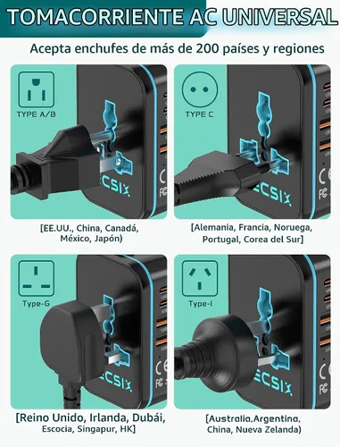 Vista 9 de Adaptador de Viaje Universal, Adaptador de Energía Internacional con 2 USB-C, 2 Puertos USB-A, Múltiples Salidas AC para UE, EE. UU., Reino Unido