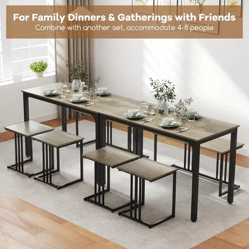 Vista 7 de GOFLAME Juego de mesa de comedor de 4 piezas para 4, mesa de comedor rectangular de madera con banco y 2 taburetes, juego de mesa de cocina