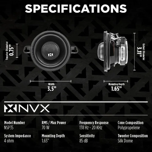 Vista 3 de NVX NSP35 - Altavoces para automóvil de 3.5 pulgadas, 200 W máximo, 70 W RMS, coaxial de 2 vías con tweeters de cúpula de seda y X-overs integrados