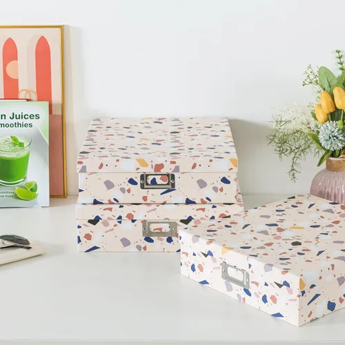 Vista 5 de Soul & Lane Cajas de almacenamiento decorativas de cartón con tapas para decoración del hogar, juego de 3 cajas de almacenamiento de fotos anidables