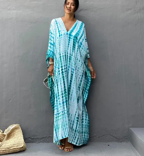 Vista 7 de RanRui - Vestido tipo caftán para mujer, de talla extragrande, con estampado de rayas, teñido anudado, cuello en V, holgado y suave