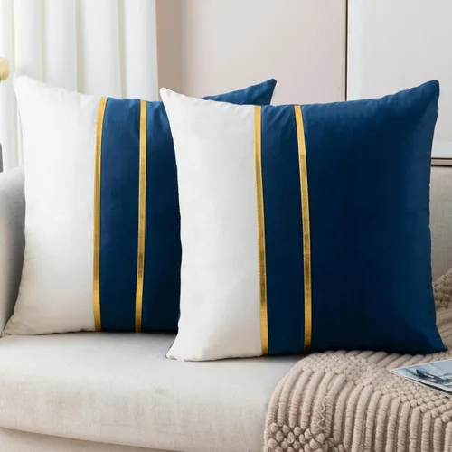 Vista 23 de ZLINA Juego de 2 fundas de almohada decorativas de terciopelo verde aguamarina y blanco con parches y cuero dorado de 16 × 16 pulgadas, fundas