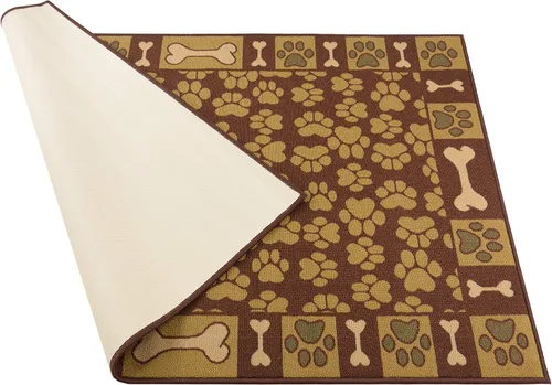 Vista 2 de Alfombra de látex con diseño de pata y hueso, color marrón, verde azulado y azul impresa, resistente al deslizamiento (marrón, 3'3" x 4'11")