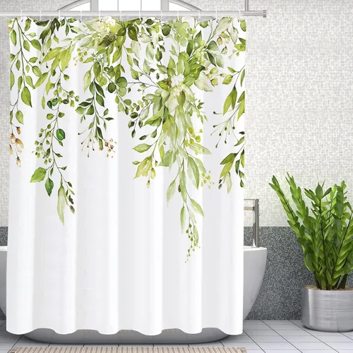 Vista 27 de Tititex - Juego de cortinas de ducha de eucalipto negro, hojas de acuarela gris en la parte superior, con decoración floral de baño, 60 x 72