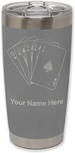 Vista 16 de LaserGram Vaso aislado al vacío de 20 onzas, tarjetas de póquer Royal Flush con grabado personalizado incluido (negro)