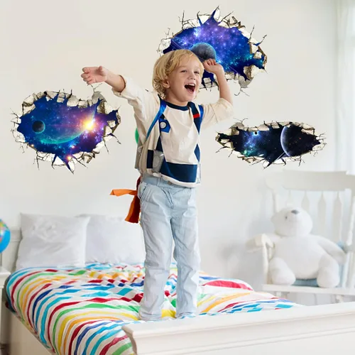 Vista 5 de SUPERDANT 3 calcomanías 3D para decoración de pared, espacio roto, galaxia, planeta, murales de pared, papel tapiz de vinilo para decoración