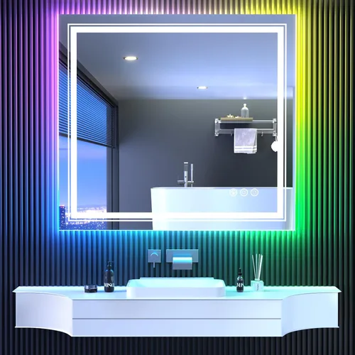 Vista 10 de Snowdool Espejo LED para baño, 28 x 36 pulgadas con retroiluminación RGB de 8 colores + 3 luces delanteras (ajustables individualmente), antiniebla