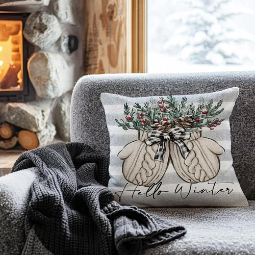 Vista 6 de Hello Winter Mitten - Funda de almohada decorativa gris de 16 x 16 pulgadas, guante, bayas rojas, rayas grises, porche, decoración del hogar al aire