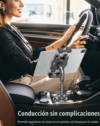 Vista 5 de Soporte para tablet para automóvil, brazo de metal, soporte de tableta resistente para portavasos de automóvil, soporte de automóvil ajustable