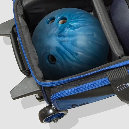 Vista 7 de BSI Dash Roller Bowling Bag with Smooth Rolling Wheels, Padded Ball Compartment, Retractable Locking Handle, & Shoe Pocket Negro/Azul/Gris