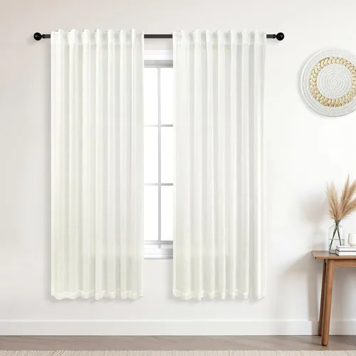 Vista 26 de Cortinas rústicas color beige tostado de 42 x 84 pulgadas de largo para sala de estar, juego de 2 paneles transparentes de lino natural, imitación