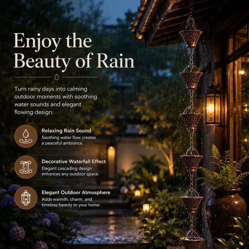 Vista 7 de Cadena de lluvia decorativa de 8.5 pies para canalones, cadena de agua de lluvia estilo copa rústica, cadena de drenaje de lluvia resistente al