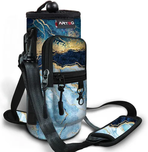 Vista 9 de ARTSO Bolsa de transporte para botella de agua con bolsillo para teléfono, funda de neopreno para botella de agua, bolsa con correa ajustable