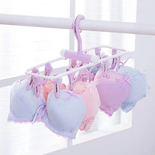 Vista 5 de ZACI - Paquete de 2 estantes de secado de ropa, 12 clips, soporte plegable para calcetines y ropa interior, colgador de plástico