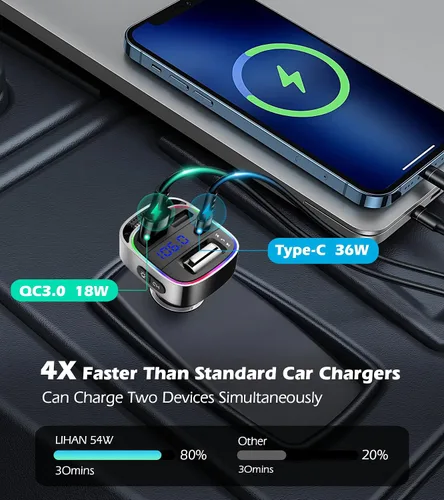 Vista 3 de LIHAN - Adaptador Bluetooth para automóviles antiguos, transmisor FM, manos libres 54W PD Fast Charging,Crystal Clear Hands-Free Calls,Music &