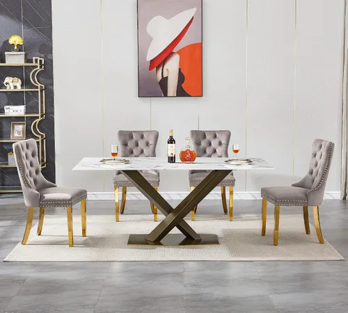 Vista 3 de Juego de mesa de comedor de mármol blanco de lujo para 4, 70 pulgadas, mesa de comedor de mármol blanco con 4 sillas de terciopelo gris y base