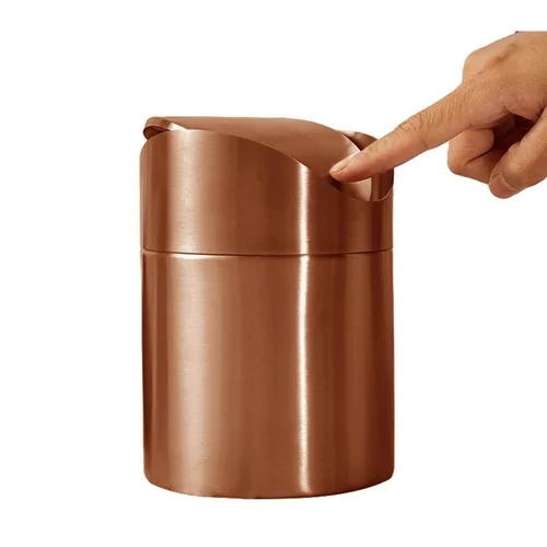 Vista 4 de Mini basurero, pequeño cubo de basura de escritorio con tapa giratoria, de acero inoxidable, para encimera de baño, cubos de basura de cocina