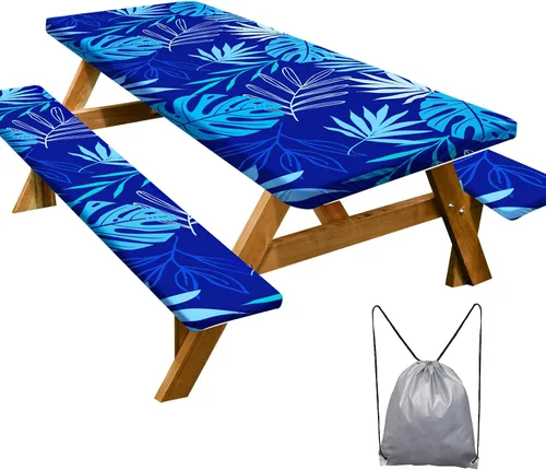 Vista 24 de Funda de mesa de picnic con fundas para bancos Esenciales de camping Mantel de picnic impermeable y a prueba de viento con bolsa de cordón, funda