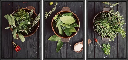 Vista 164 de wall26 Lienzo enmarcado para pared, juego de arte de hierbas, verduras y condimentos en madera, alimentos, fotografía cultural, realismo, paisaje