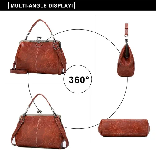 Vista 7 de Bolso vintage Kiss Lock para mujer, de cuero aceitado, bolso de mano