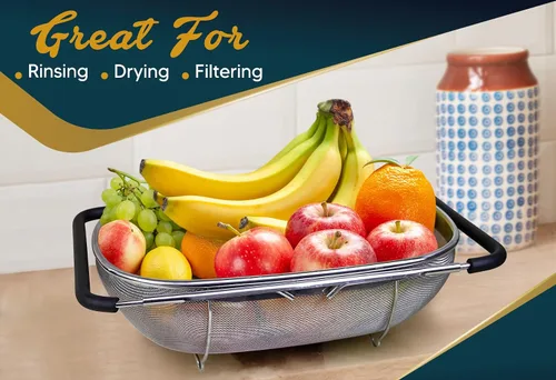 Vista 4 de Colador sobre el fregadero para cocina, cesta coladora sobre el fregadero de 6 cuartos de galón con asas ergonómicas extensibles y pies de apoyo