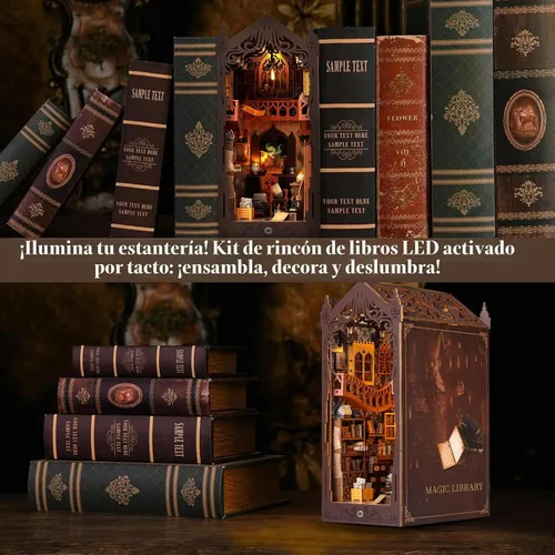 Vista 6 de Kit de rincón de libros, kit de casa en miniatura para bricolaje, casa de muñecas con cubierta antipolvo y luz LED, rompecabezas de sujetalibros