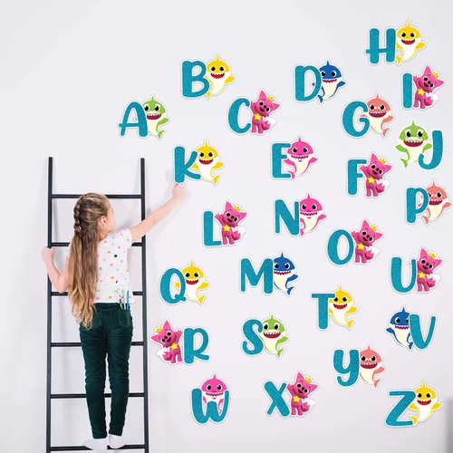 Vista 7 de BBY Shrk A-Z - Adhesivo decorativo para pared, diseño colorido de caricaturas con letras con iconos del océano, suministros educativos divertidos